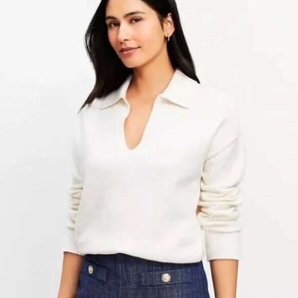 LOFT Sweaters - Loft XL NEW Whisper White V-Neck Sailor Sweater Cotton Blend Quiet Luxury